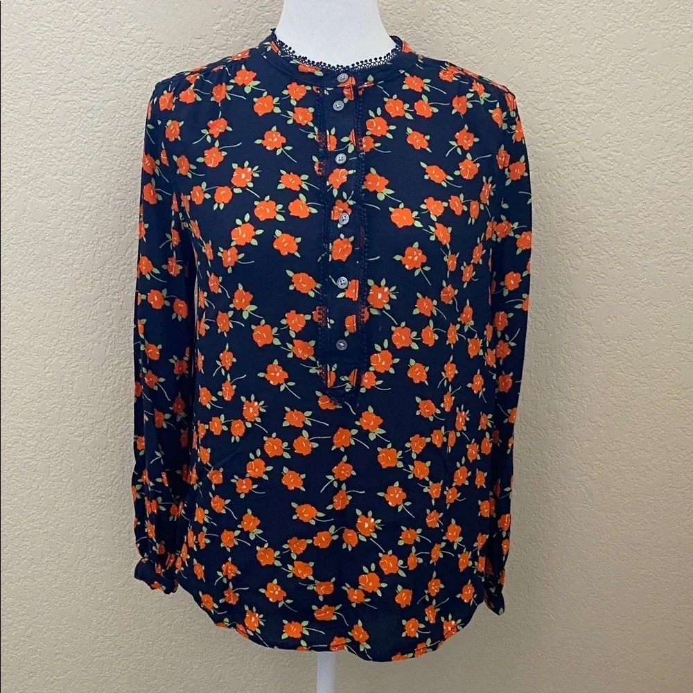 J. Crew Dark Navy Blouse Poppy Fields Floral Print. Size. XS. 1/2 Button Up.
